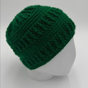 Hand Knit Green Chunky Beanie Hat Winter Warm Soft Ribbed Crochet Style